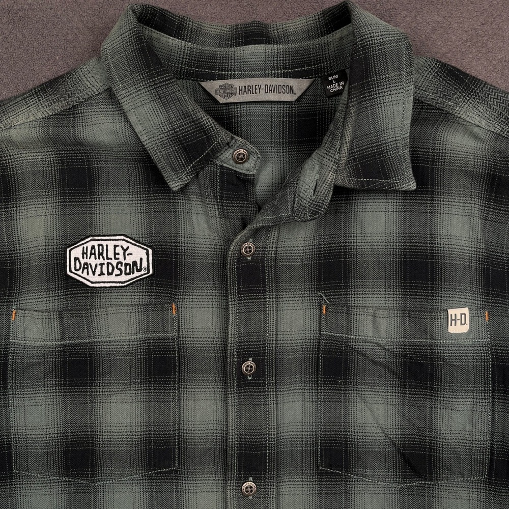 Harley Davidson Shirt Mens Large Green Black Plaid Slim Fit Long Sleeve Button